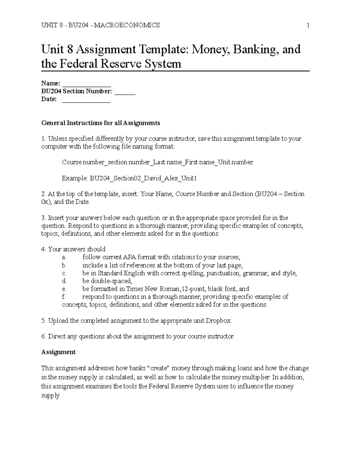 BU204 Unit8 Assignment Template - Unit 8 Assignment Template: Money ...