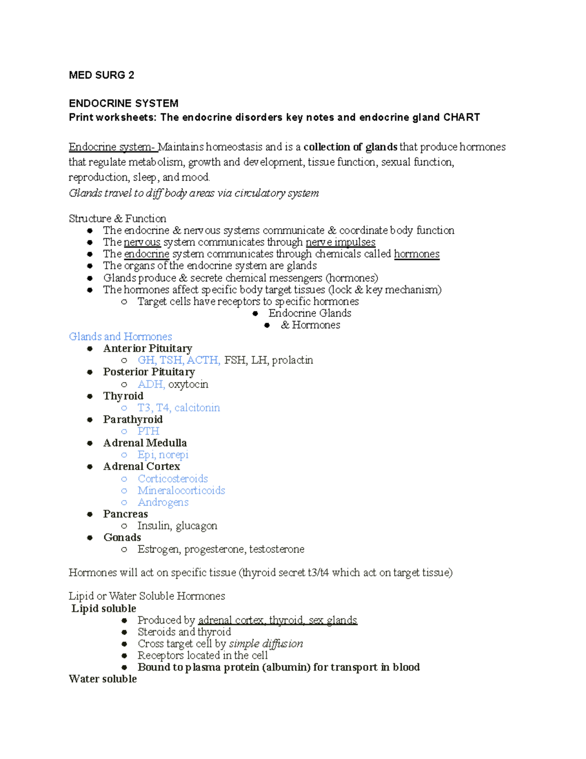 Med Surg 2 N371 Content Outline Med Surg 2 Endocrine System Print