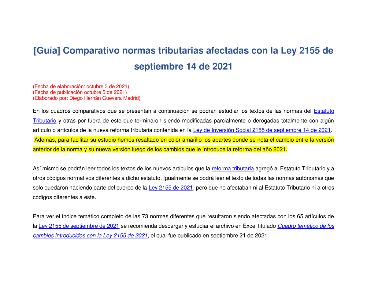 Normas Tributarias Afectadas Con La Ley 2155 De Septiembre 14 De 2021