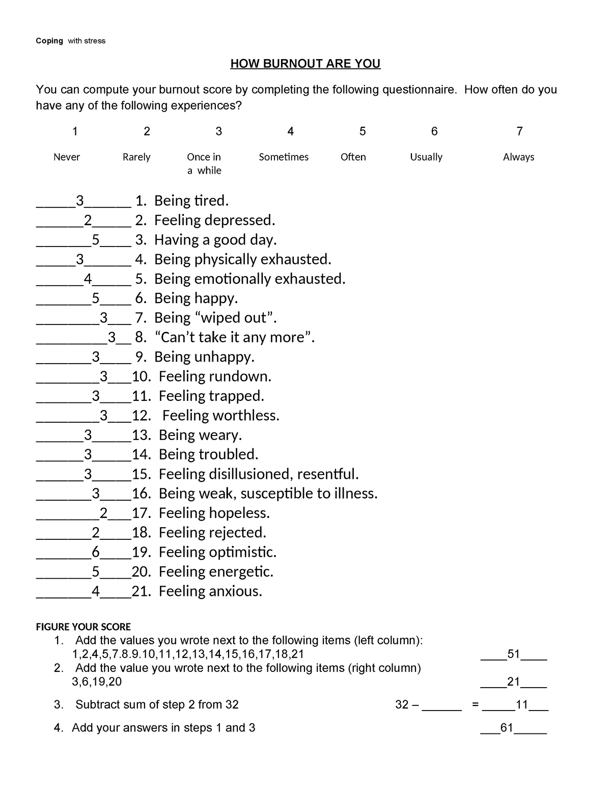 Coping with stress Job Burnout Questionnaire - Coping with stress HOW ...