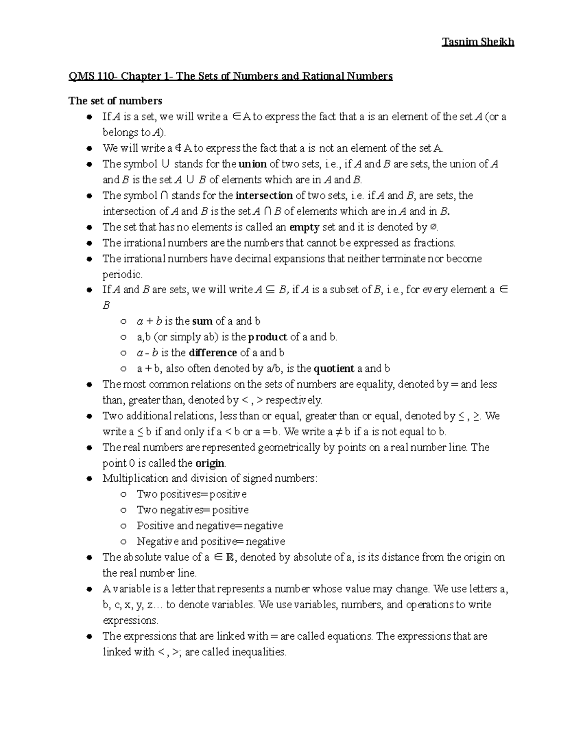 QMS 110- Chapter 1- The Sets of Numbers and Rational Numbers - We will ...