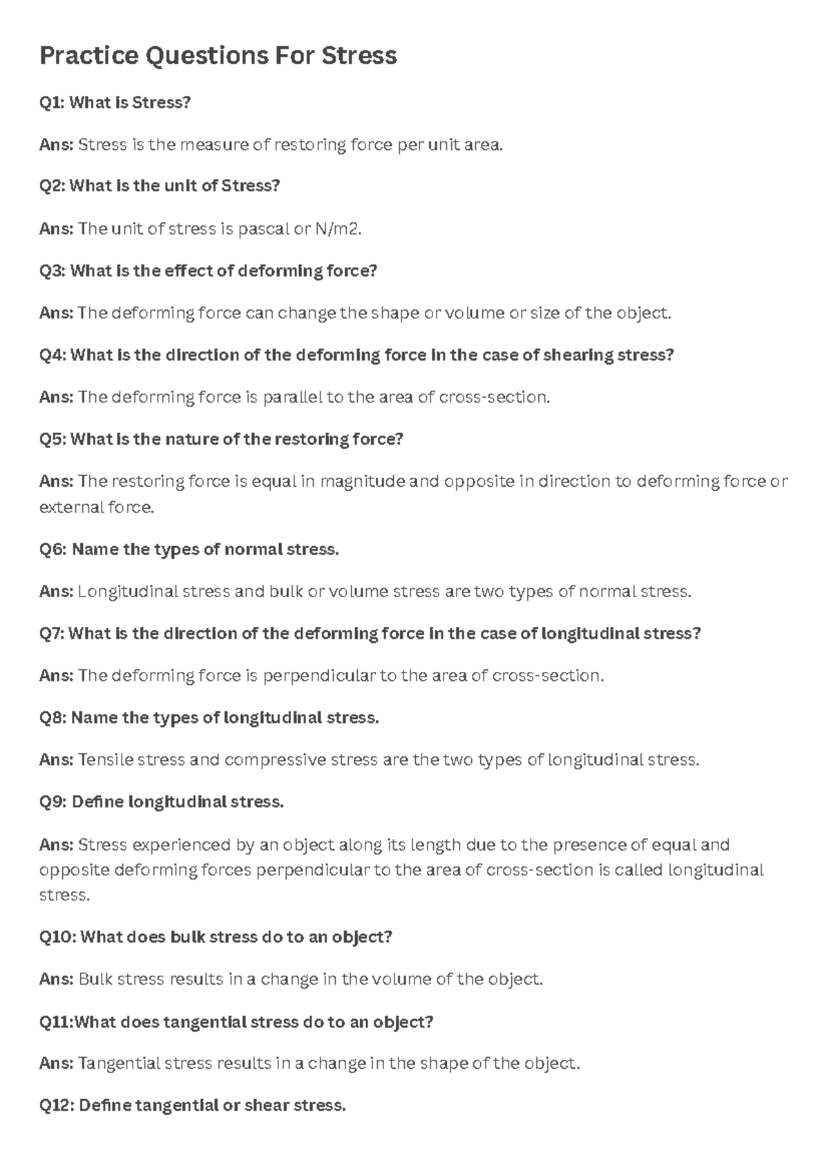 Practice Questions For Stress - Q2: What is the unit of Stress? Ans ...