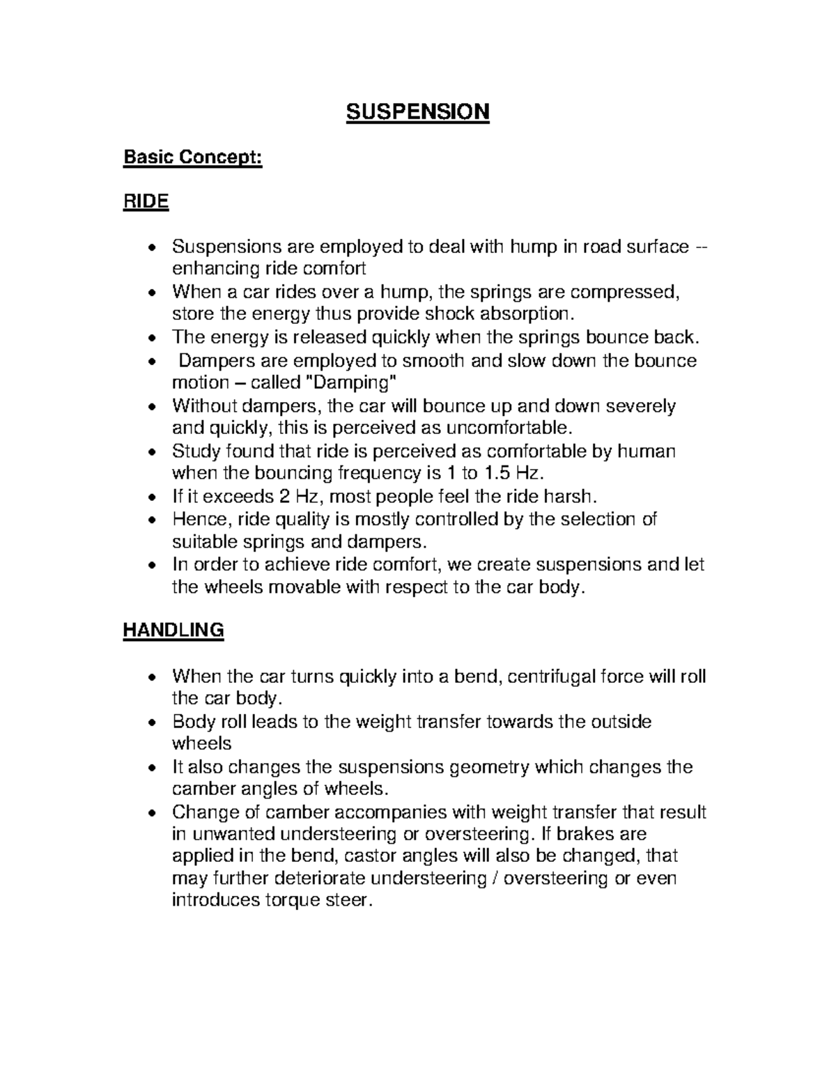 Suspension Notes SUSPENSION Basic Concept RIDE Suspensions are