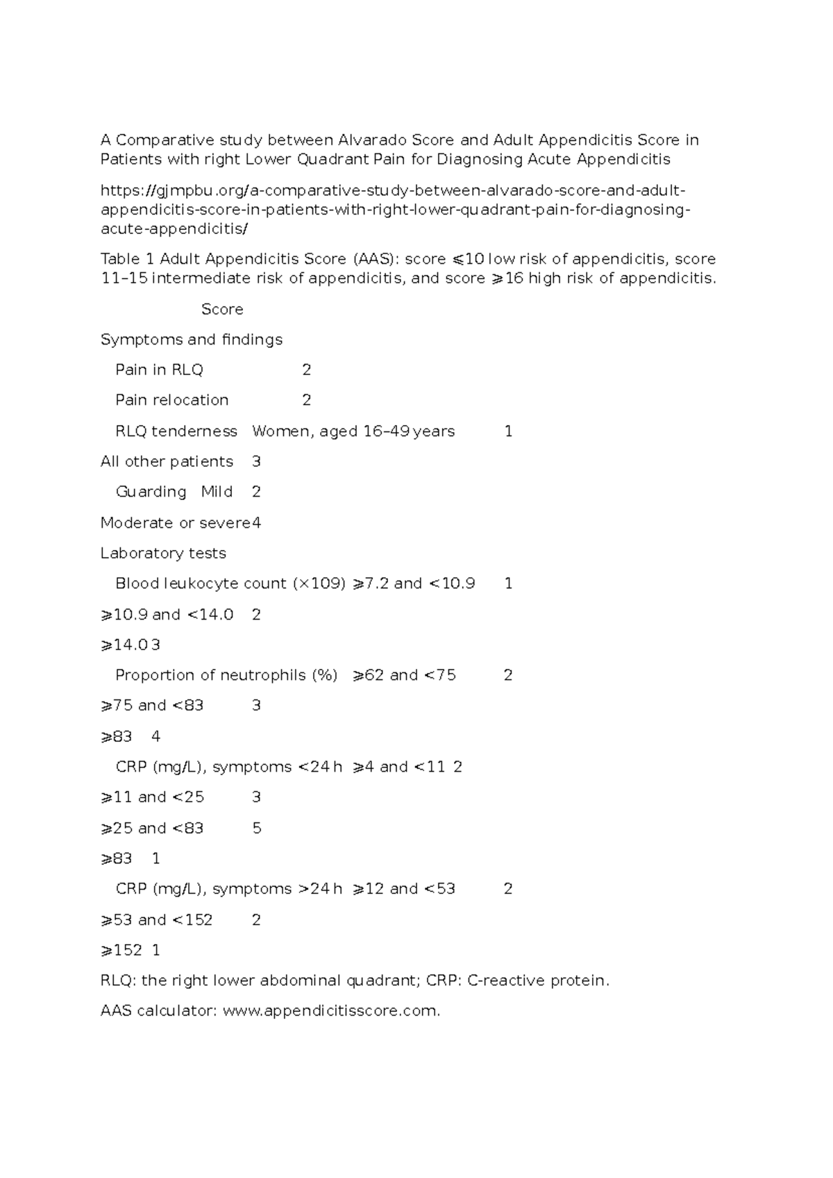 A Comparative study between Alvarado Score and Adult Appendicitis Score ...