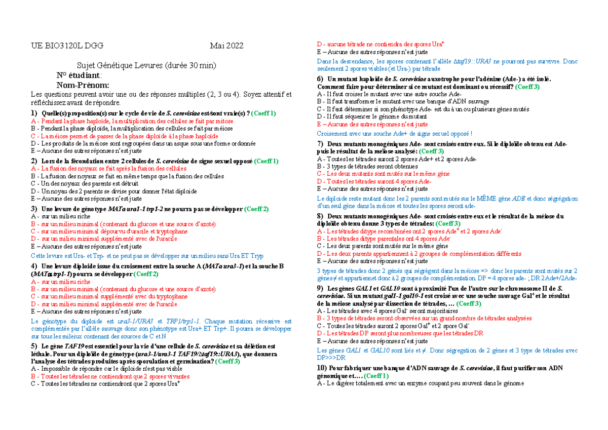 QCM DGG S1 2022 corrigé - UE BIO3120L DGG Mai 2022 Sujet Génétique
