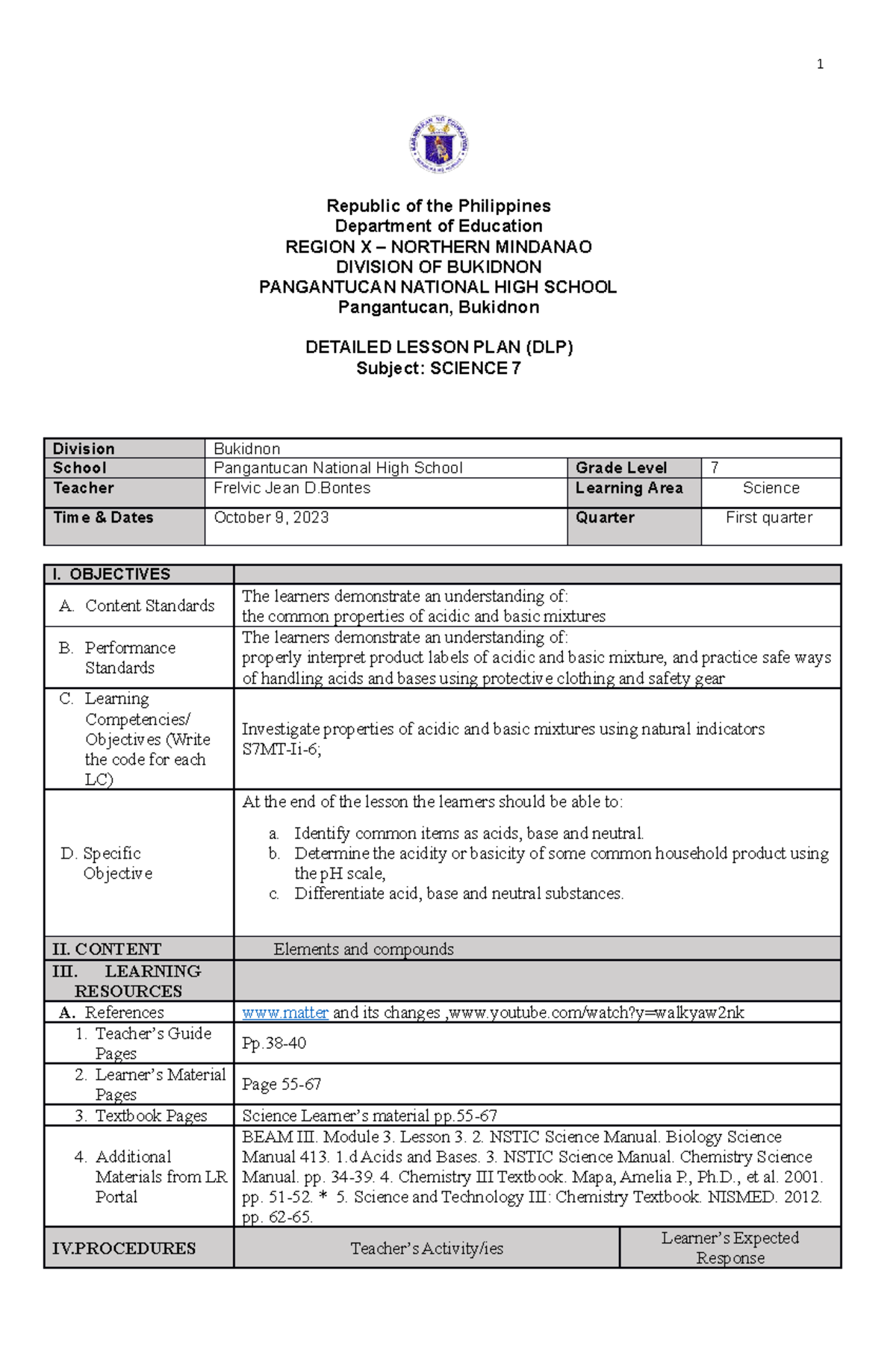 Acids and basic - Republic of the Philippines Department of Education ...