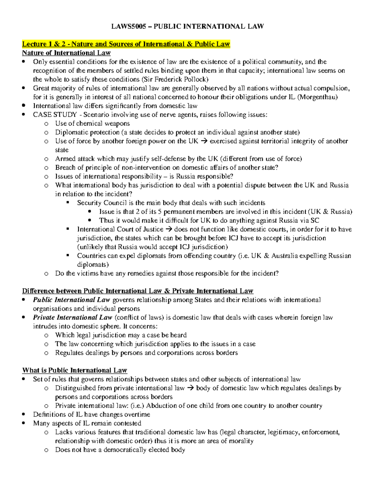 PIL - Lecture Notes - LAWS5005 – PUBLIC INTERNATIONAL LAW Lecture 1 & 2 ...