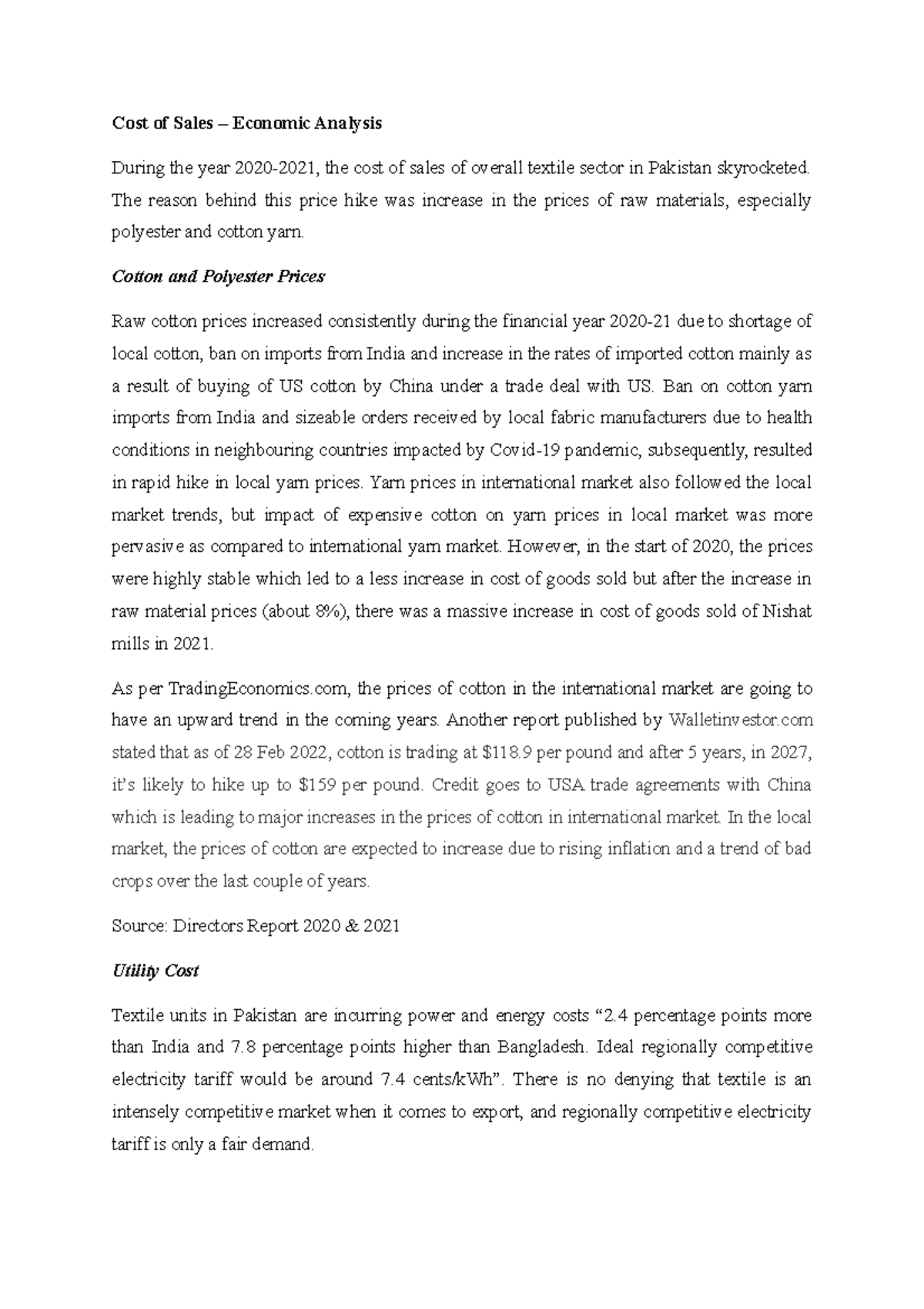 Cost Of Sales EA Detailed Analysis Cost Of Sales Economic