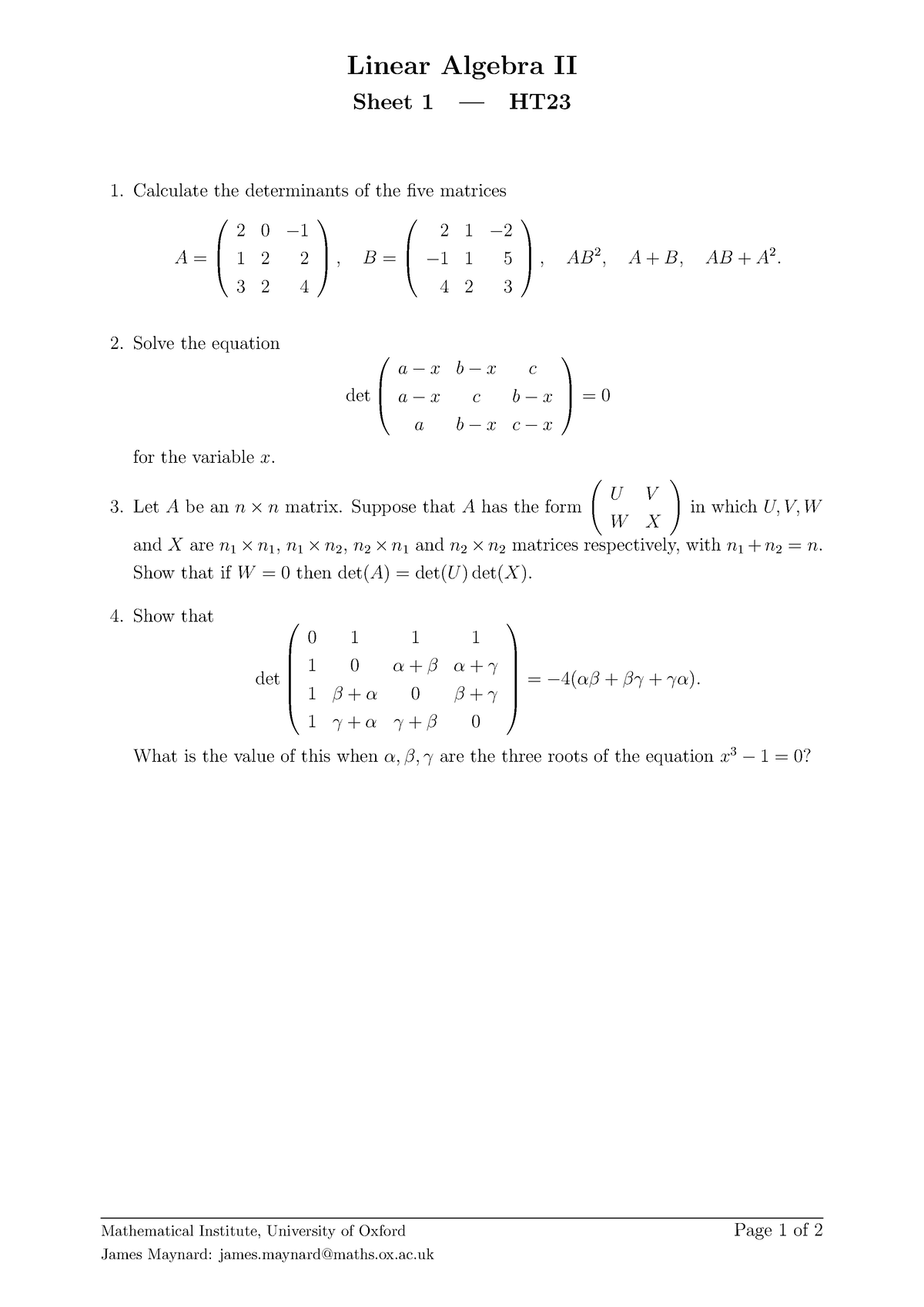 2023sheet 1 - Linear Algebra II Sheet 1 - Linear Algebra II Sheet 1 ...