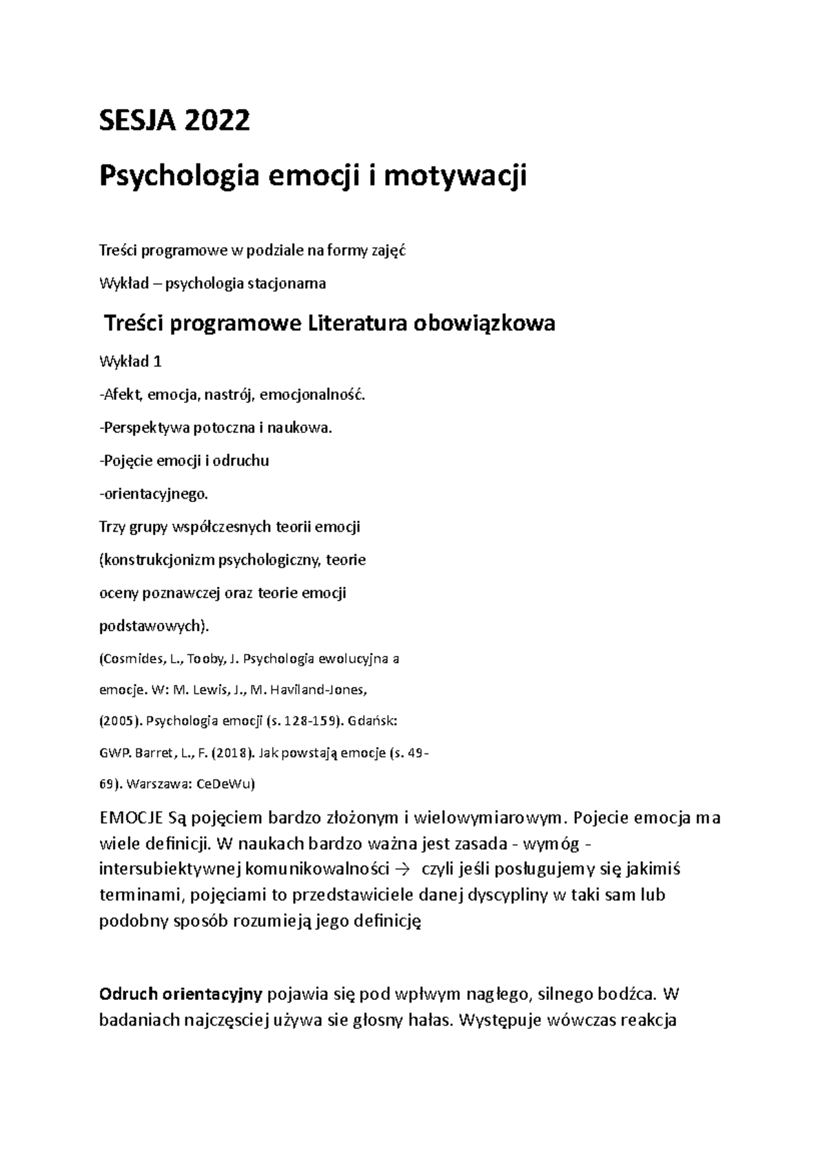 Emocje I Motywacje - Notatki - SESJA 2022 Psychologia Emocji I ...