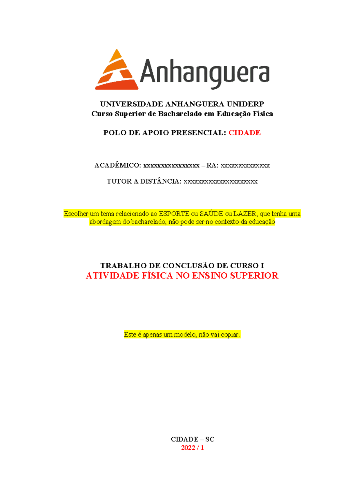 Modelo TCC1 Bacharelado Educação Física - UNIVERSIDADE ANHANGUERA ...