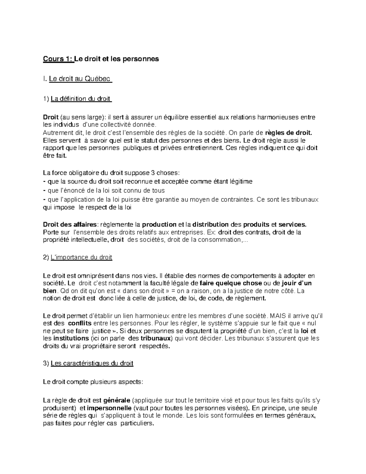Cours 1 Cours 1 Le droit et les personnes I. Le droit au Québec La définition du droit Droit