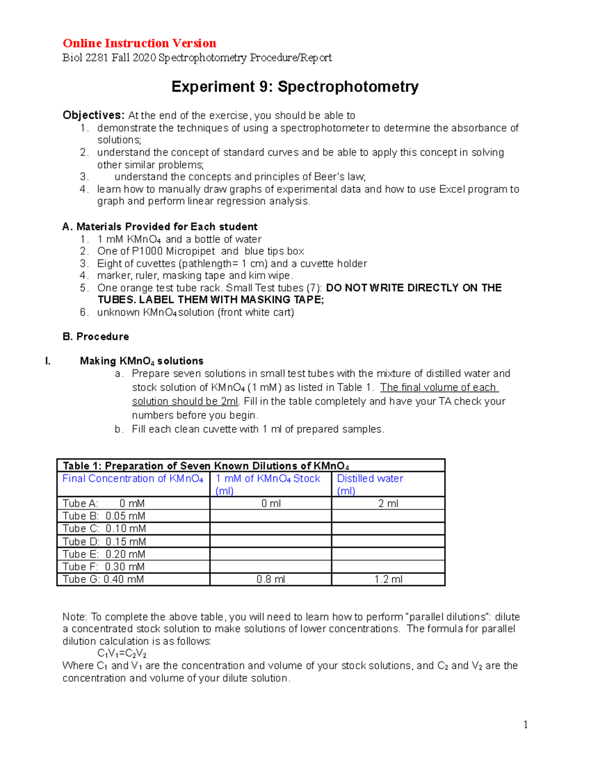 Spectrophotometry Procedure & report questions Fall20 Online