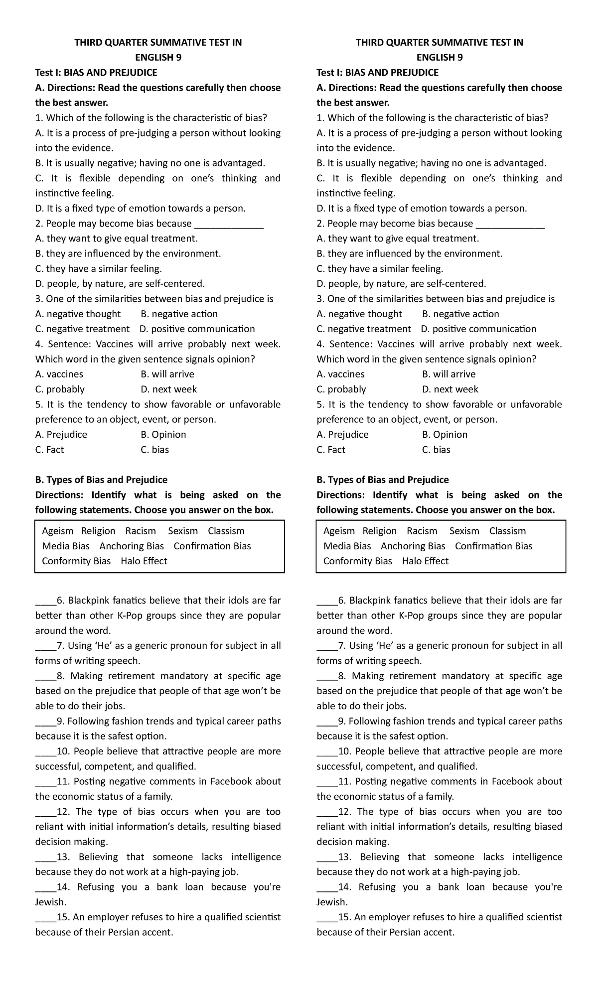 English Monthly EXAM THIRD QUARTER SUMMATIVE TEST IN ENGLISH 9 Test 