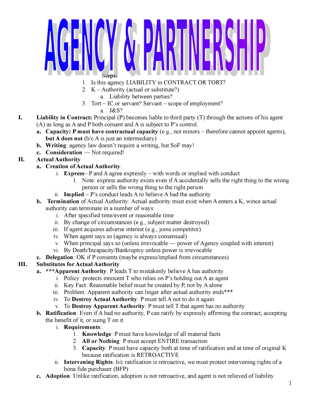 Agency Partnership - Outline - Steps: 1. Is this agency LIABILITY in ...