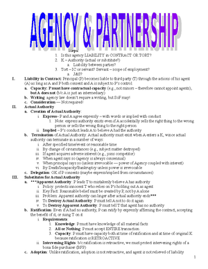 Agency Partnership - Outline - Steps: 1. Is this agency LIABILITY in  CONTRACT OR TORT? 2. K – - Studocu