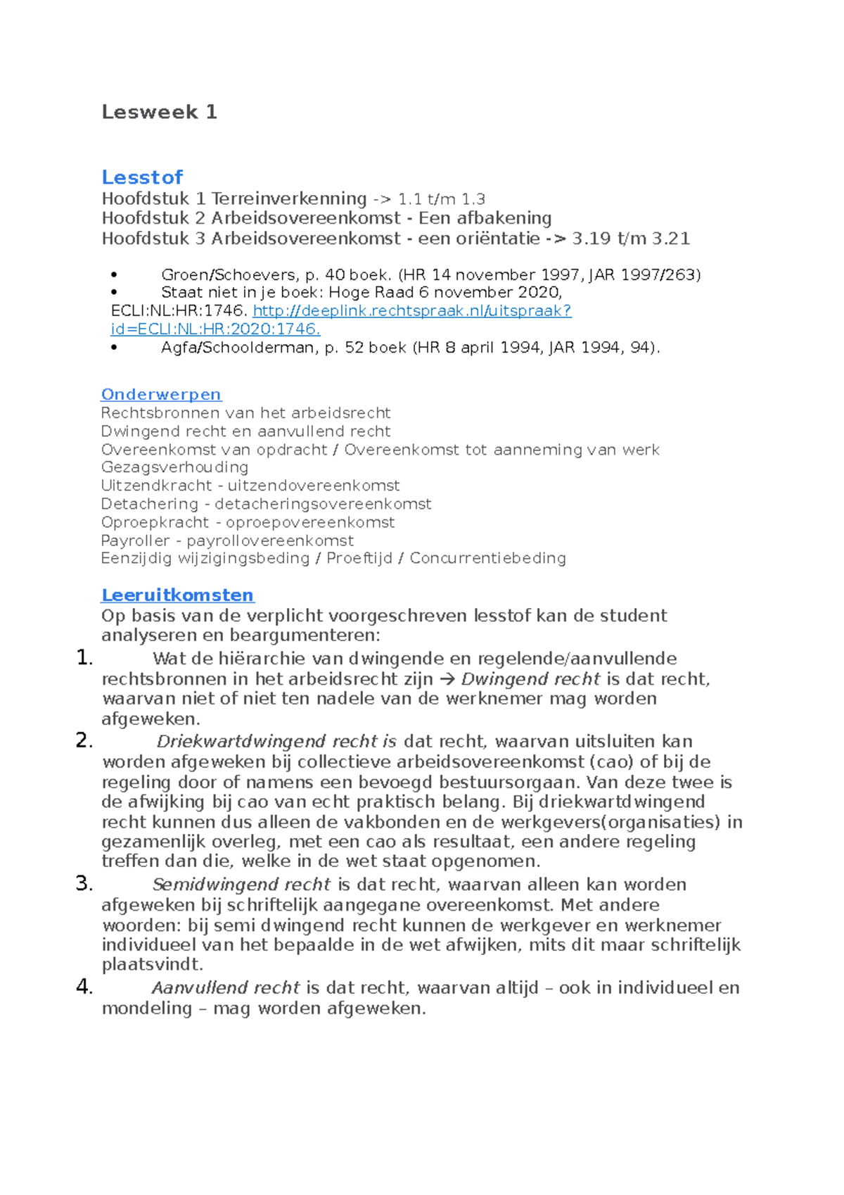 Lesweek 1 - Arbeidsrecht Week 1 - Lesweek 1 Lesstof Hoofdstuk 1 ...