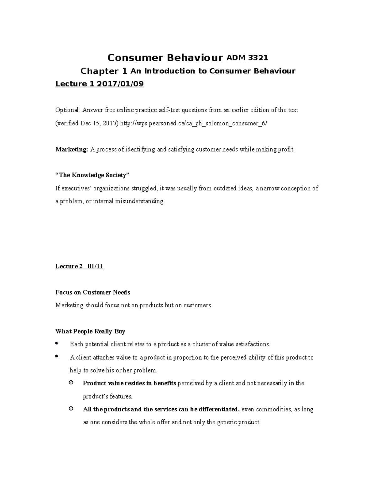 1 - intro - Consumer Behaviour ADM 3321 Chapter 1 An Introduction to ...