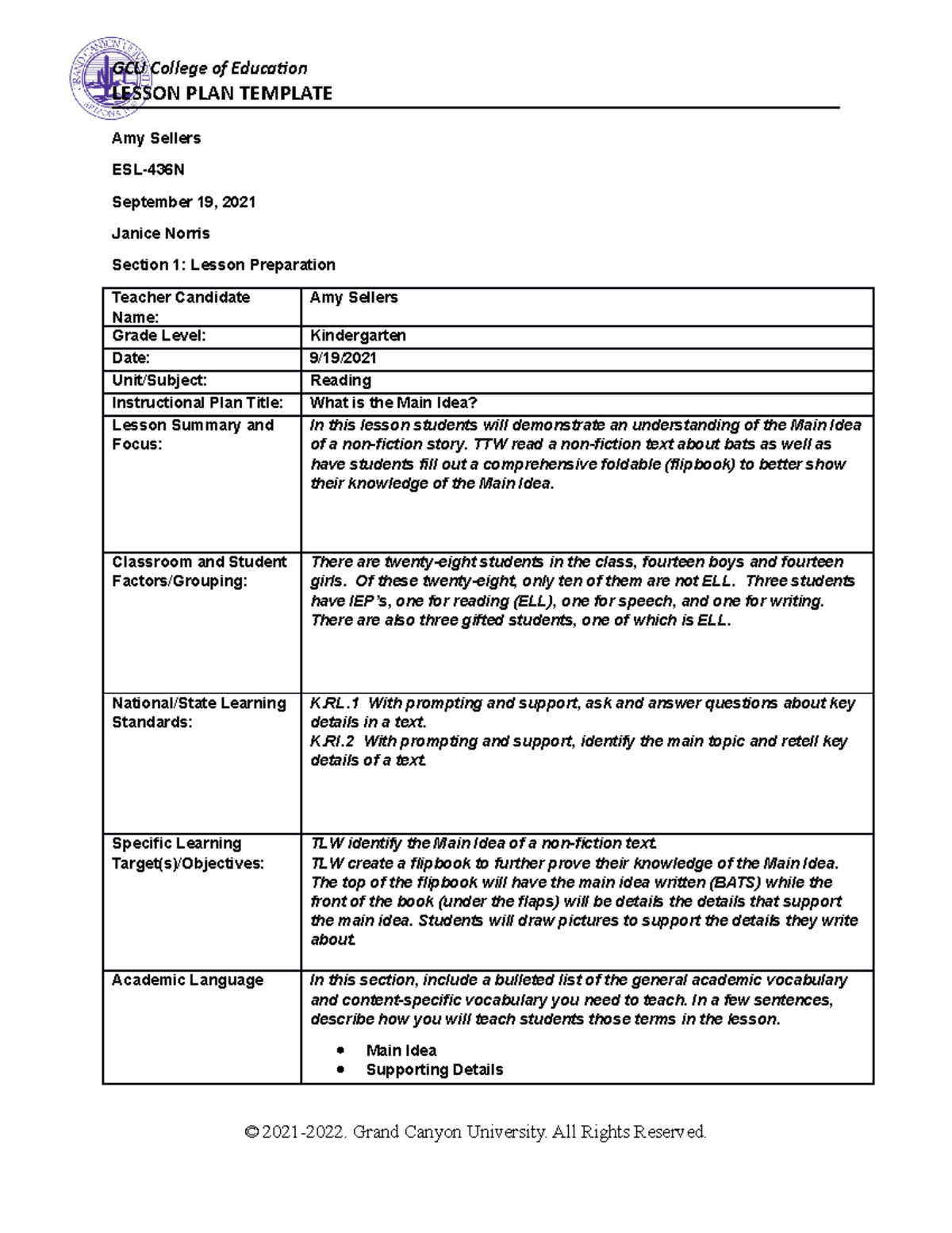 Lesson Planning With Universal Design For Learning LESSON PLAN TEMPLATE Amy Sellers ESL 436N 