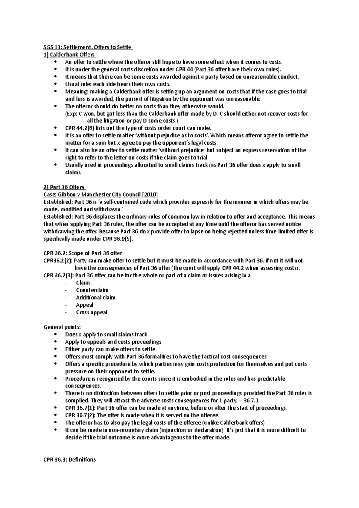 Notes Part 36 offer + Calderbank offer SGS 13 Settlement, Offers