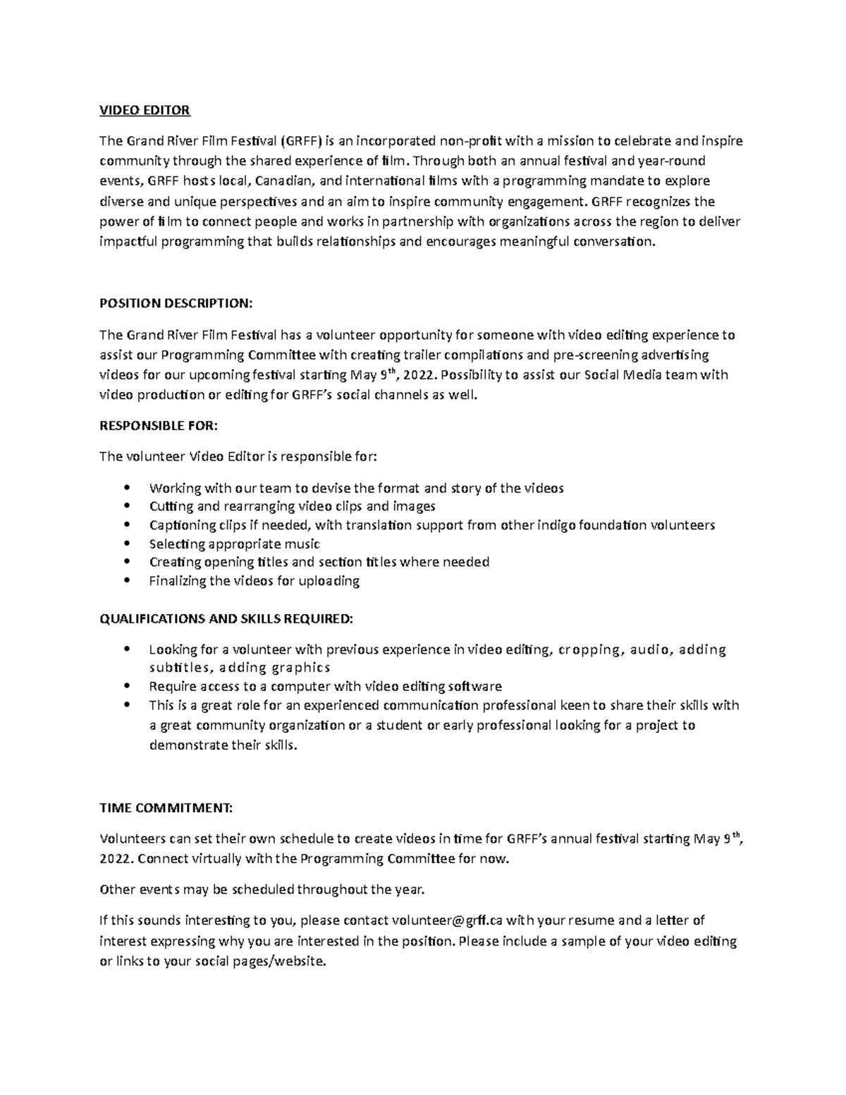 GRFF Video Editor - Role Description March 2022 - VIDEO EDITOR The ...