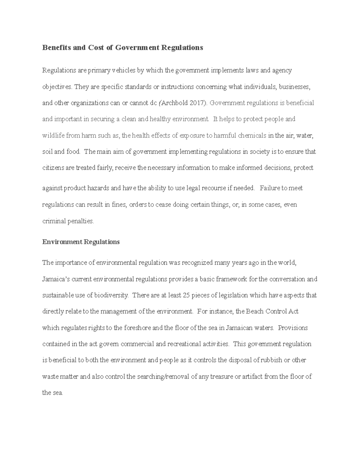 Benefits and Cost of Government Regulations Benefits and Cost of