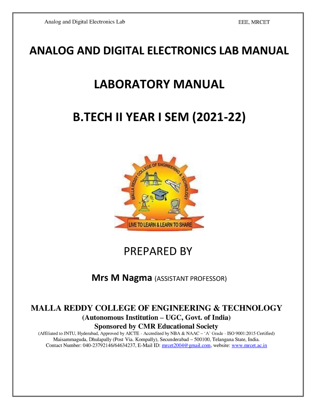 Analog AND Digital Electronics LAB - Analog And Digital Electronics Lab ...