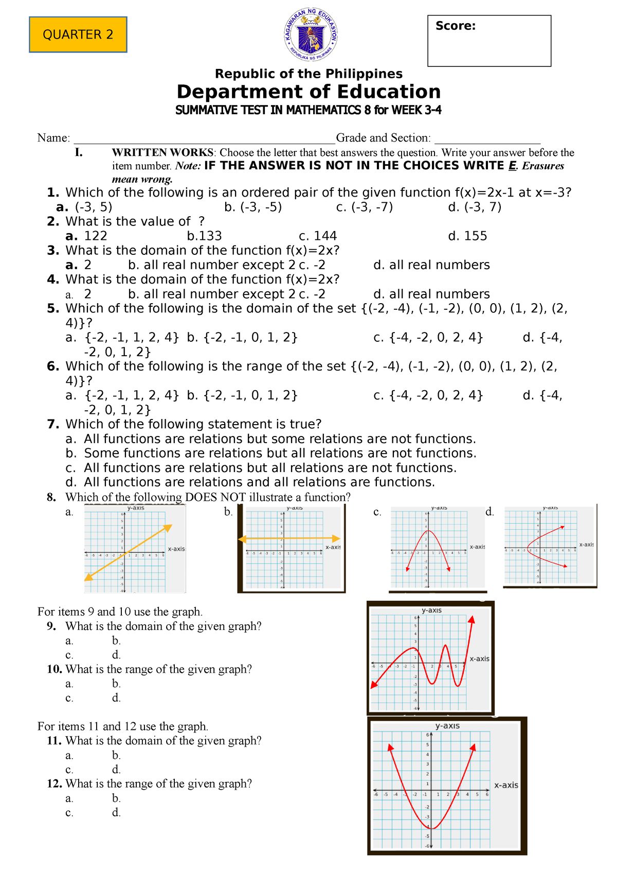 Q2 Summative Test Math 8 W3 4 Republic Of The Philippines Department Of Education Summative 5619