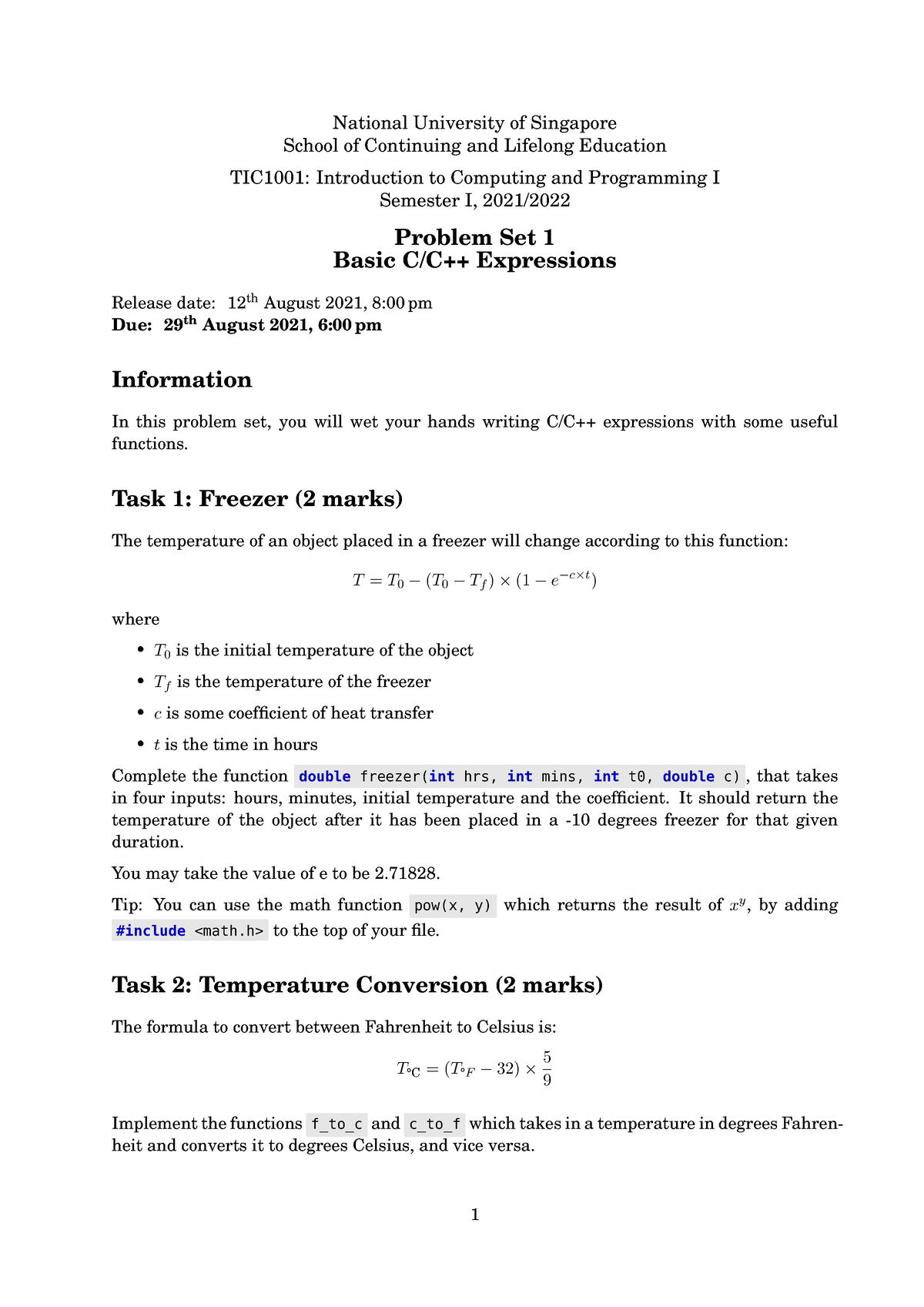 Ps01 - Problem Set 1 - National University Of Singapore School Of ...