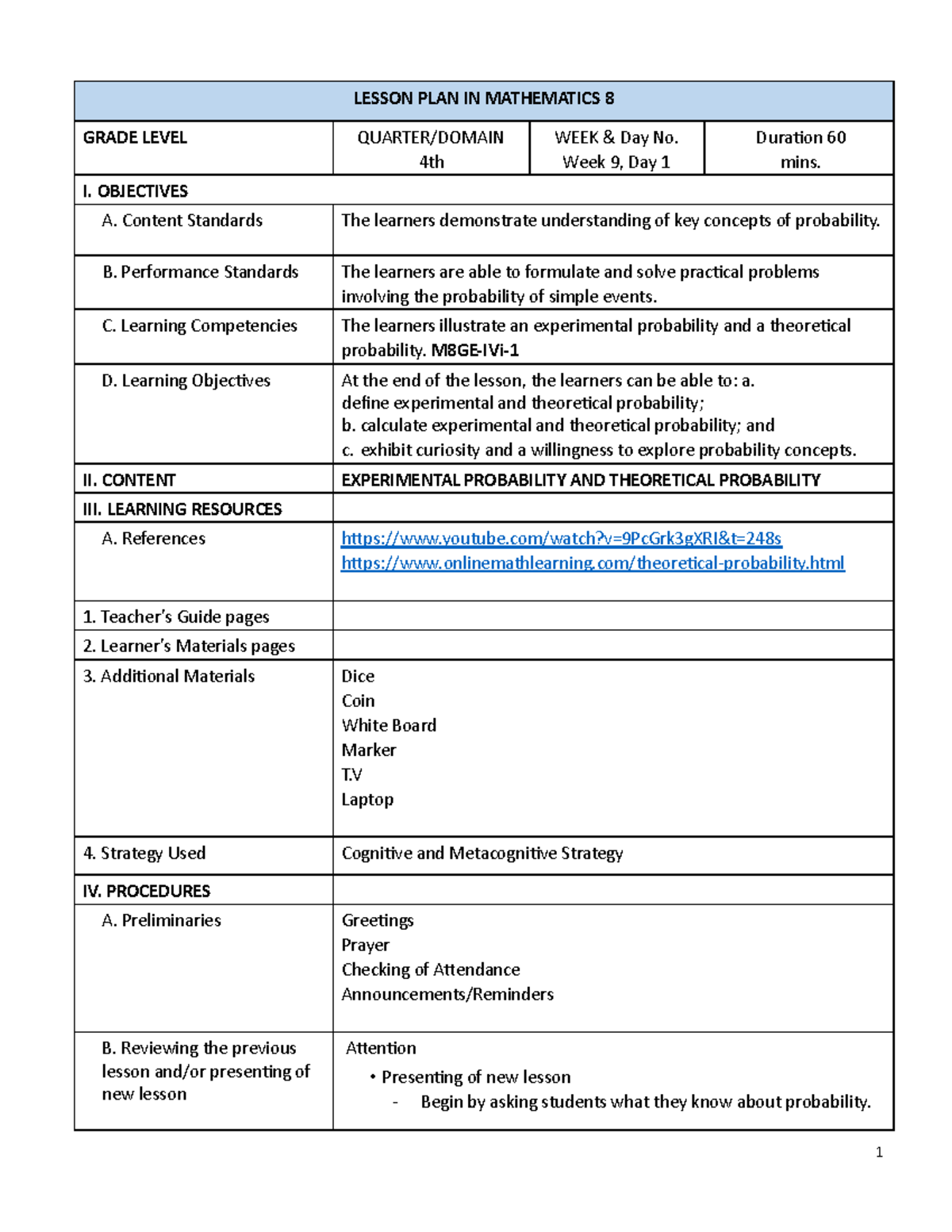Lesson-PLAN- Probability - LESSON PLAN IN MATHEMATICS 8 GRADE LEVEL ...