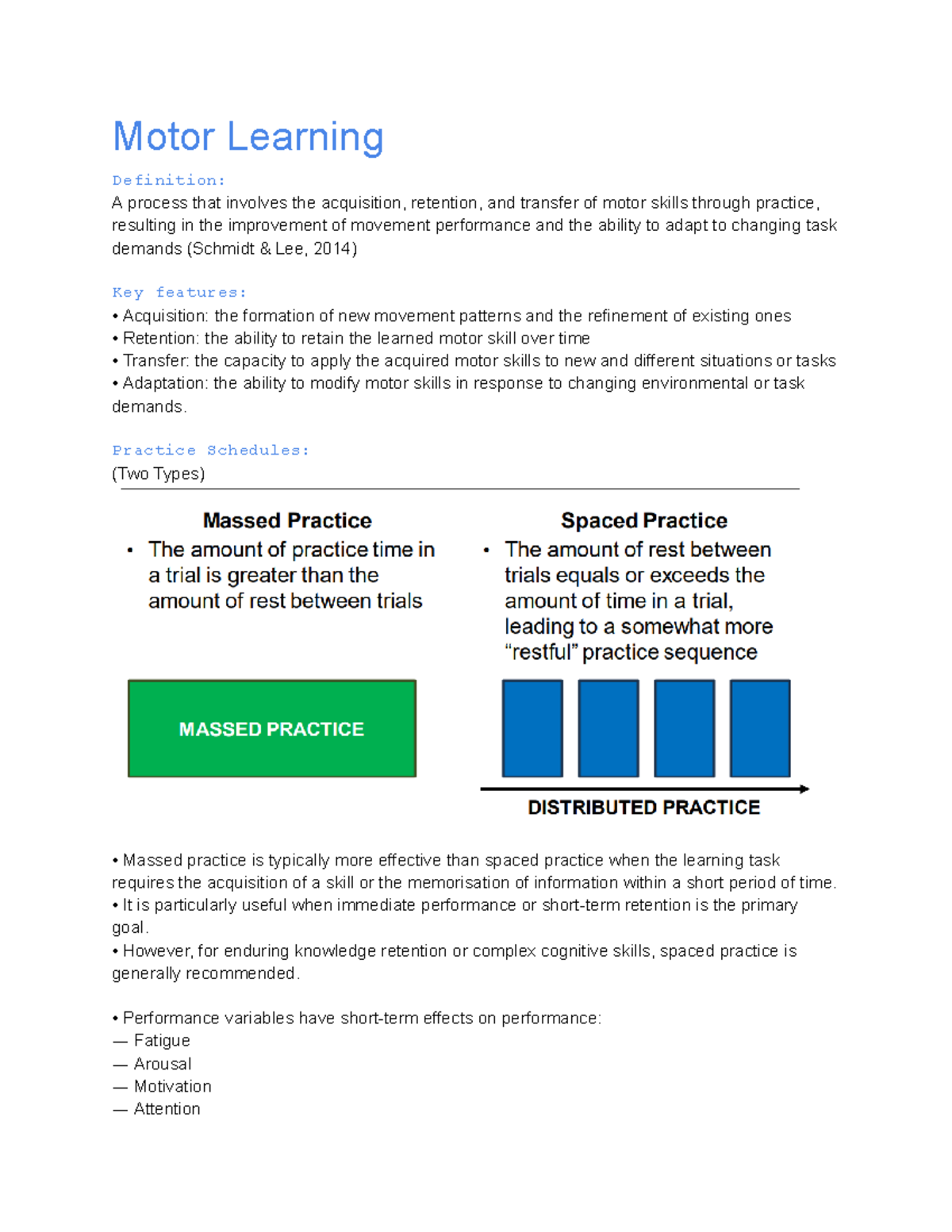Biopsychology Tutorial 1 notes Motor Learning Definition A process