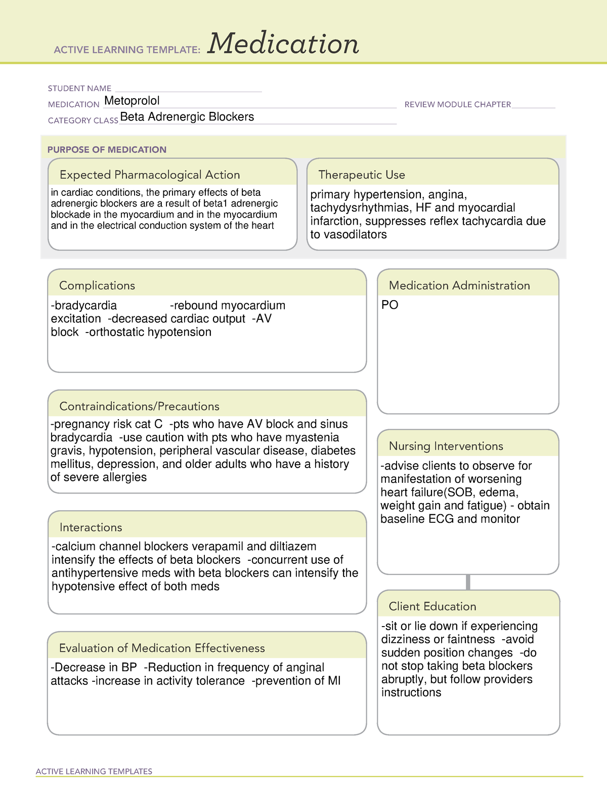 Metoprolol Med Card Medication Card for ATI and CPE testing practice