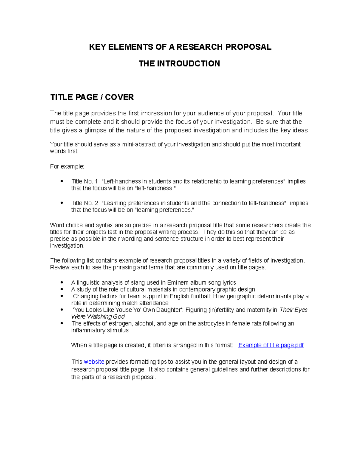 Reading 6 The Introduction - KEY ELEMENTS OF A RESEARCH PROPOSAL THE ...