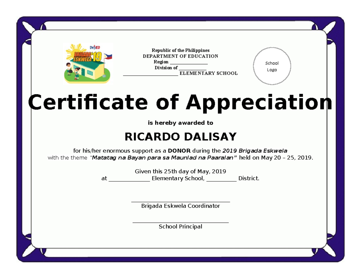 2019 Brigada Eskwela Sample Certificate for Donor - Republic of the ...