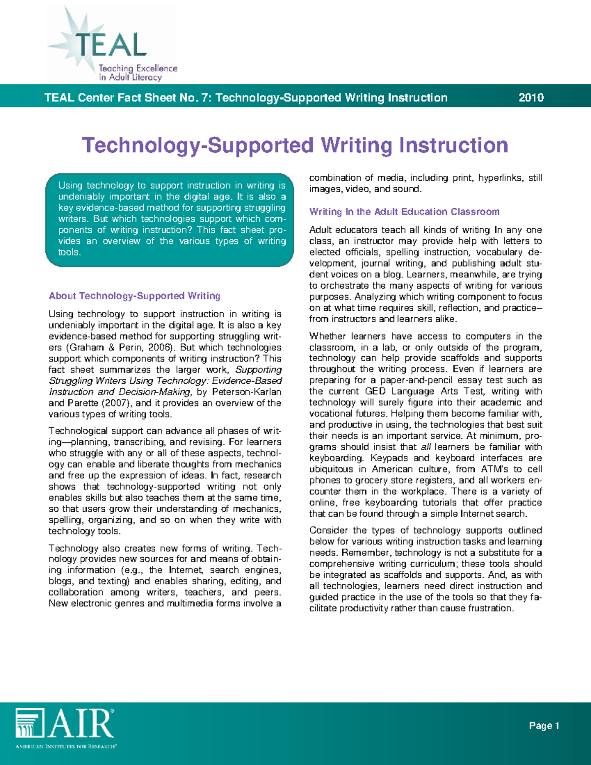 7 TEAL Tech-Supported Writing - TEAL Center Fact Sheet No. 7 ...