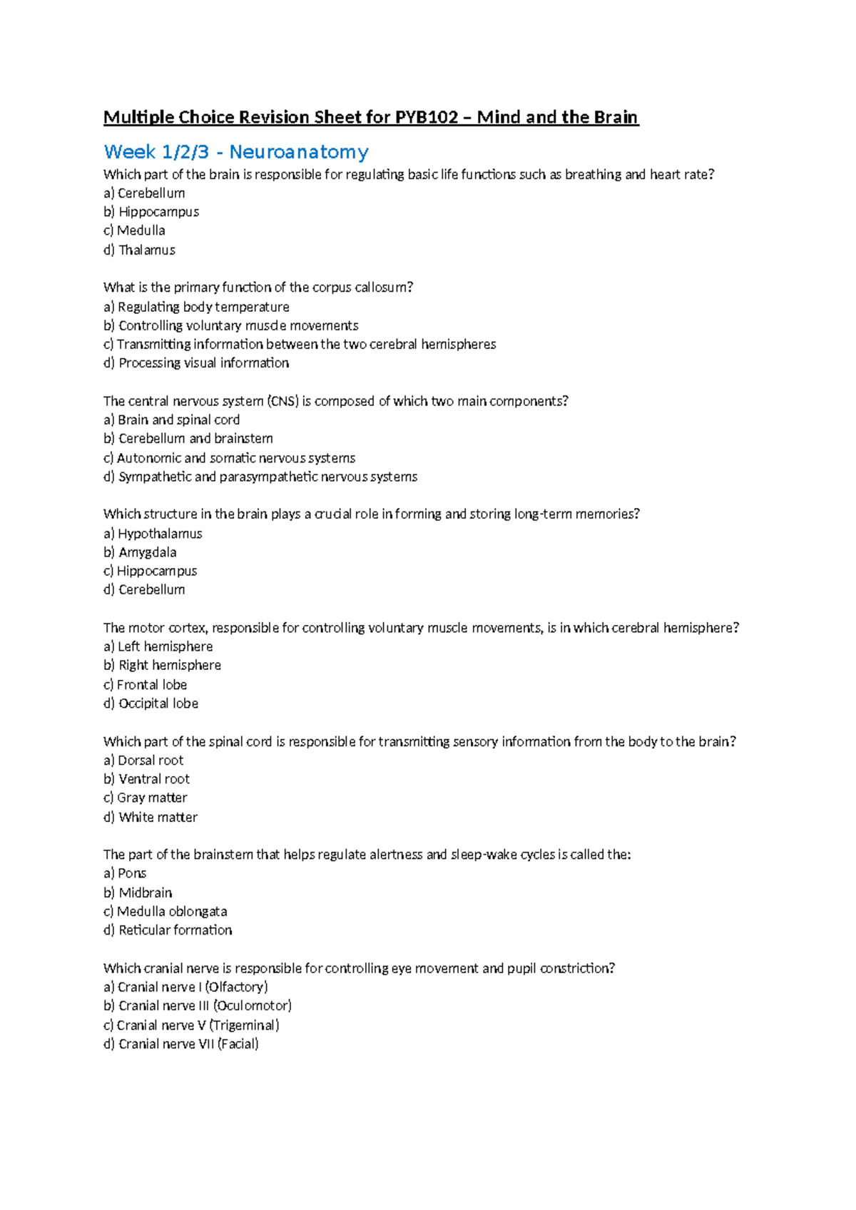 Multiple Choice Revision Sheet For PYB102 - In Which Lobe Is It ...