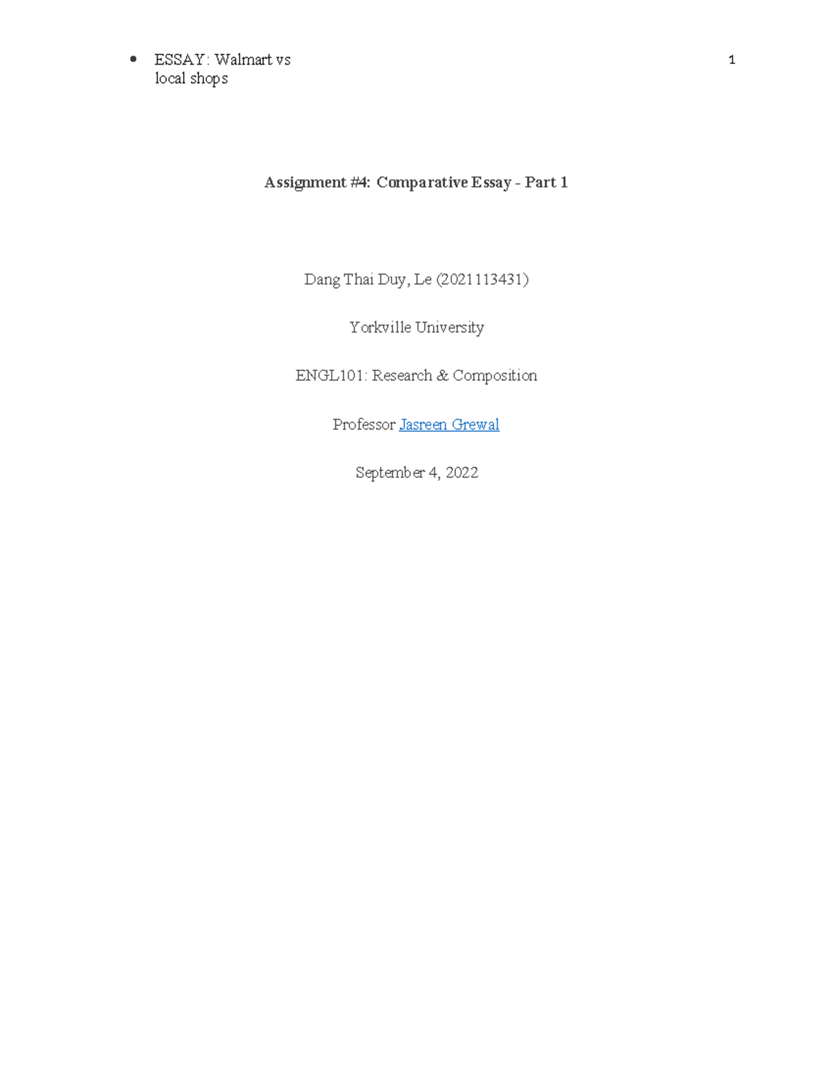 Dang Thai Duy Le- Assignment #4 Comparative Essay - Part 1 - local ...
