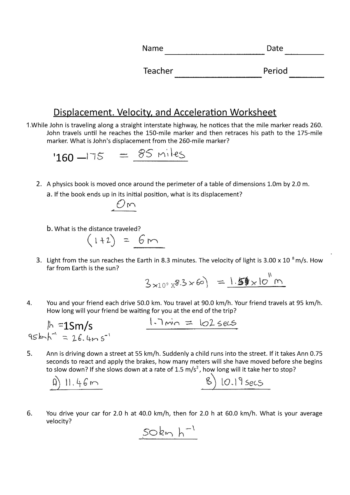 Kinematics Questions AND Solutions - Name Date Teacher Period Within Displacement And Velocity Worksheet