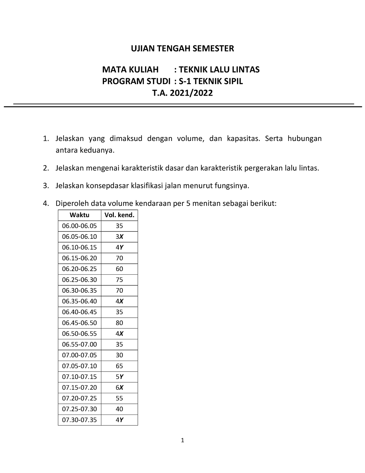 Soal Ujian Mid Teknik Lalu Lintas 2021 2022 - 1 UJIAN TENGAH SEMESTER ...