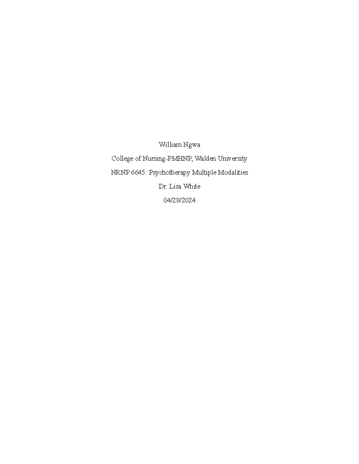 NRNP 6645 Psychotherapy WK9Assgn Ngwa W - William Ngwa College of ...