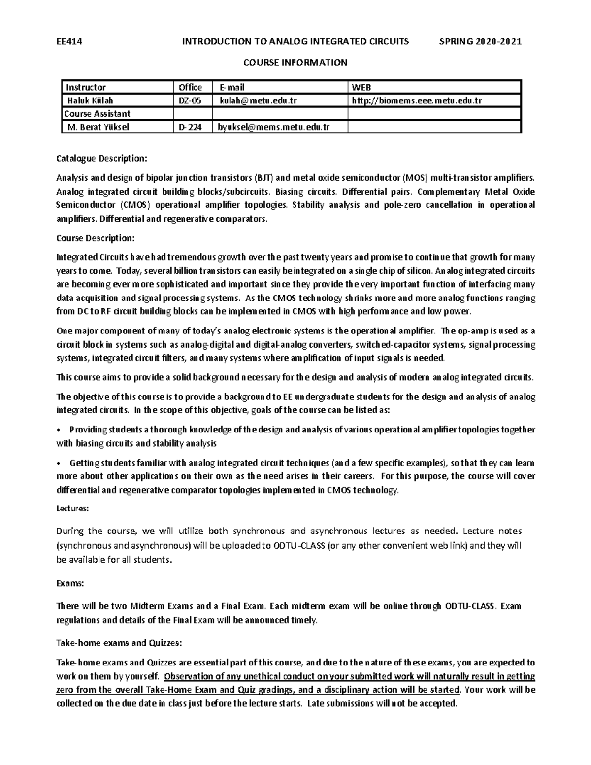 EE 414 syllabus 21 EE414 INTRODUCTION TO ANALOG INTEGRATED CIRCUITS