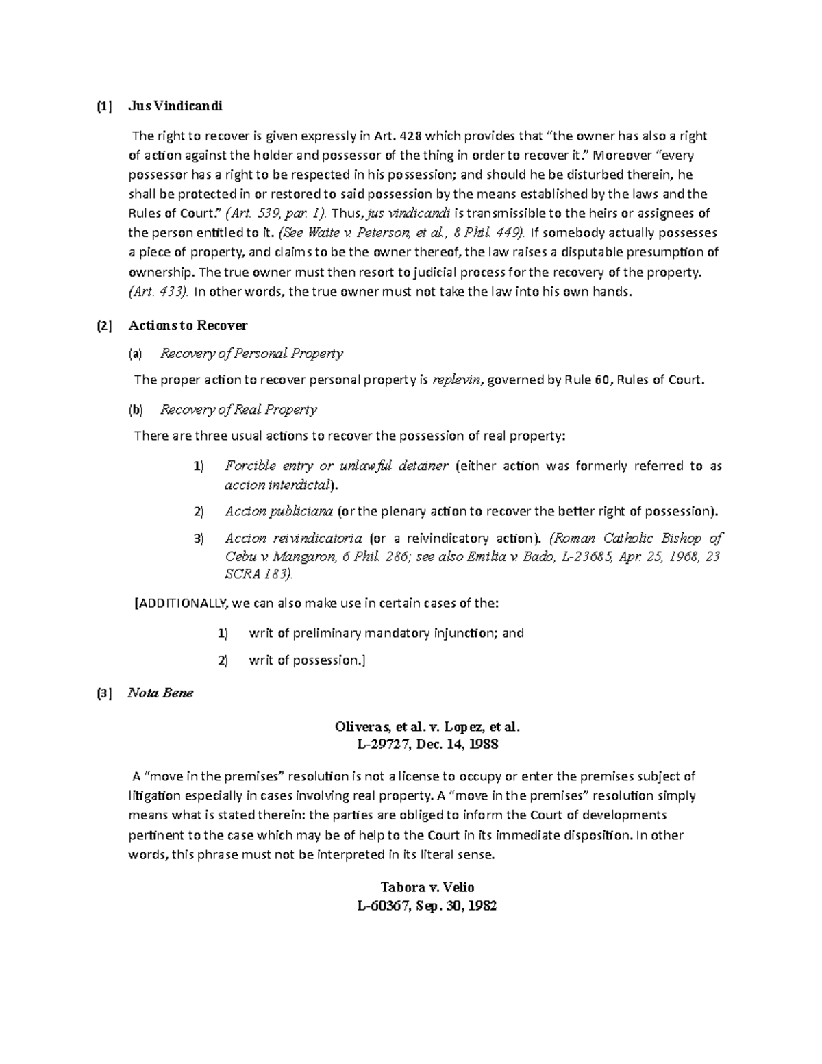 Property law m24 - (1) Jus Vindicandi The right to recover is given ...