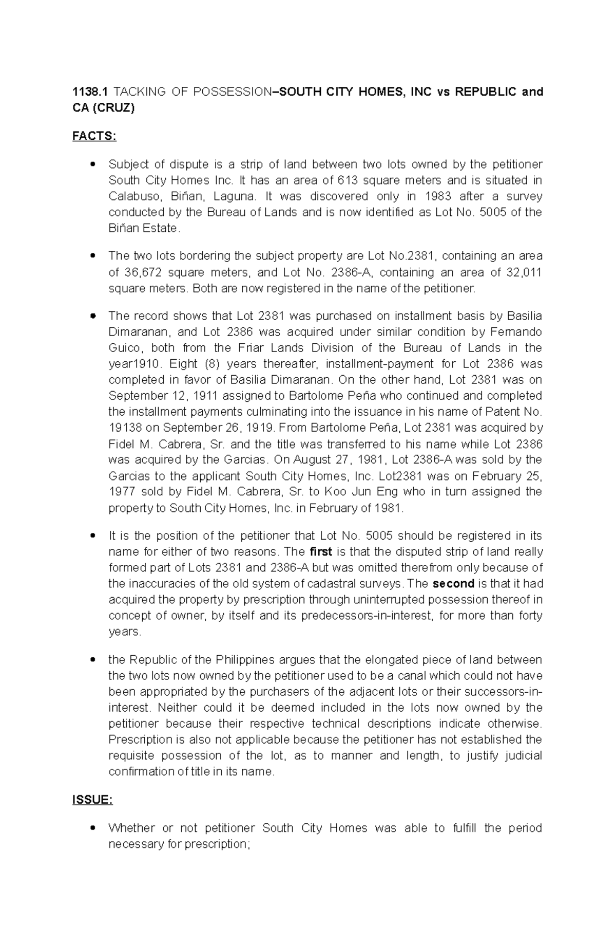 17 Digest on the Case of South CITY Homes INC v Republic - 1138 TACKING ...