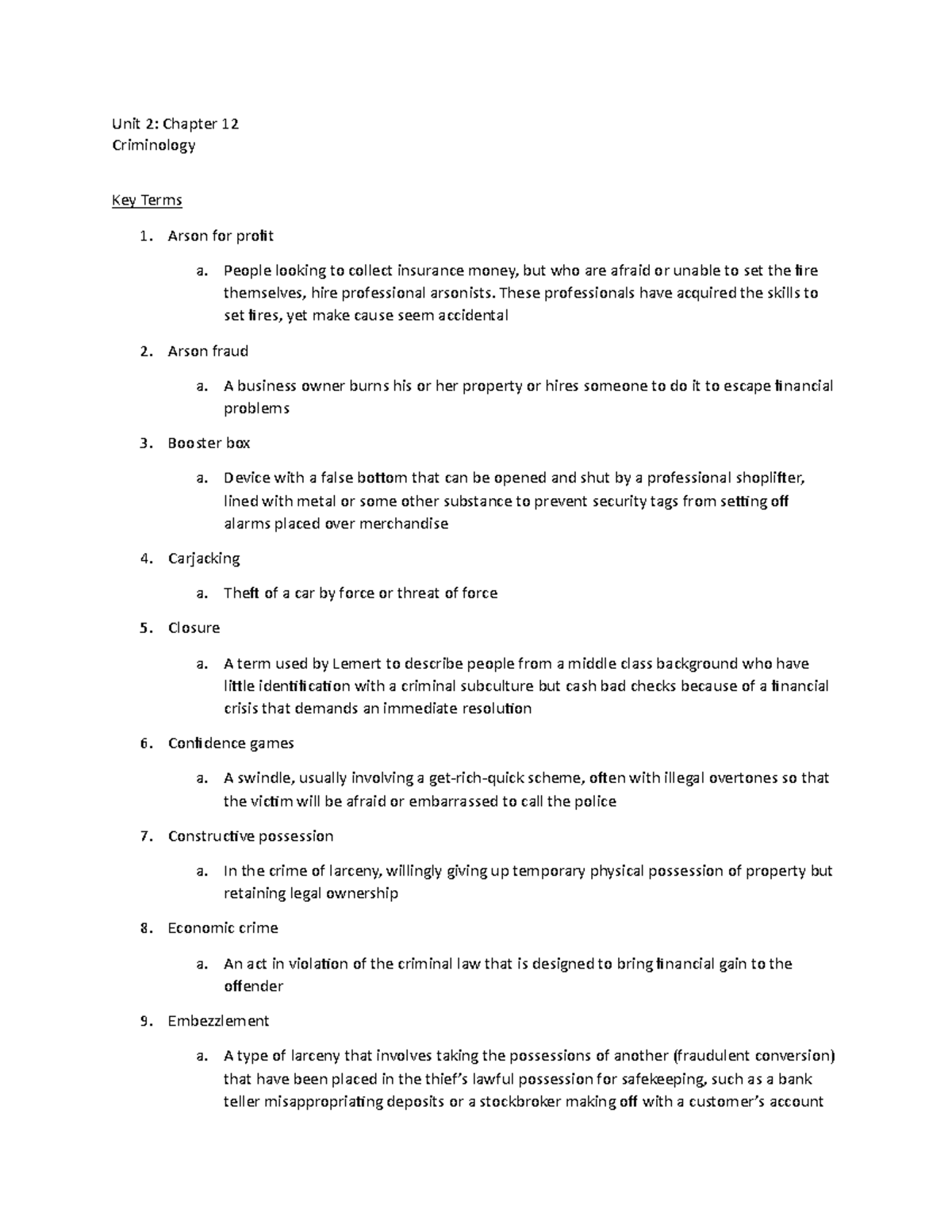 Chapter 12Worksheet - Unit 2: Chapter 12 Criminology Key Terms Arson ...