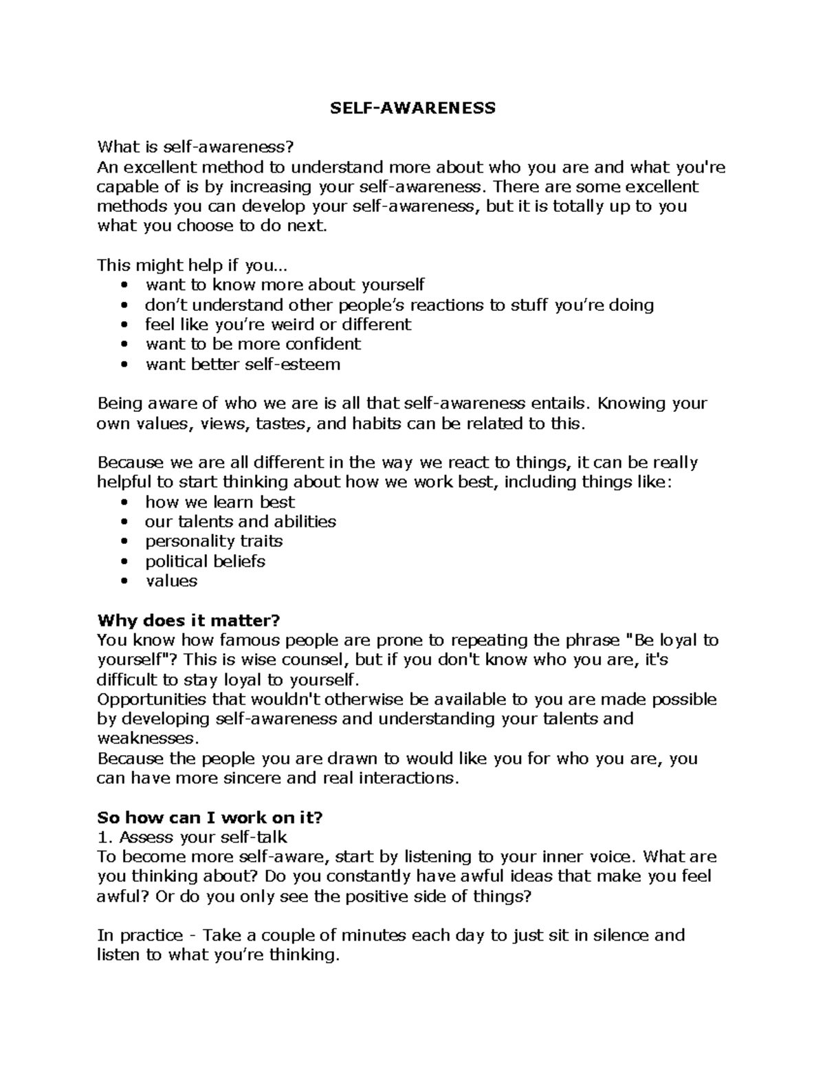 Self Awareness - notes notes notes - SELF-AWARENESS What is self ...