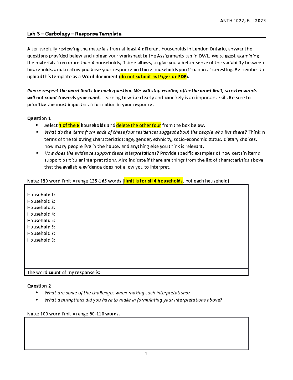 Garbology Lab Response Template - ANTH 1022, Fall 2023 Lab 3 ...