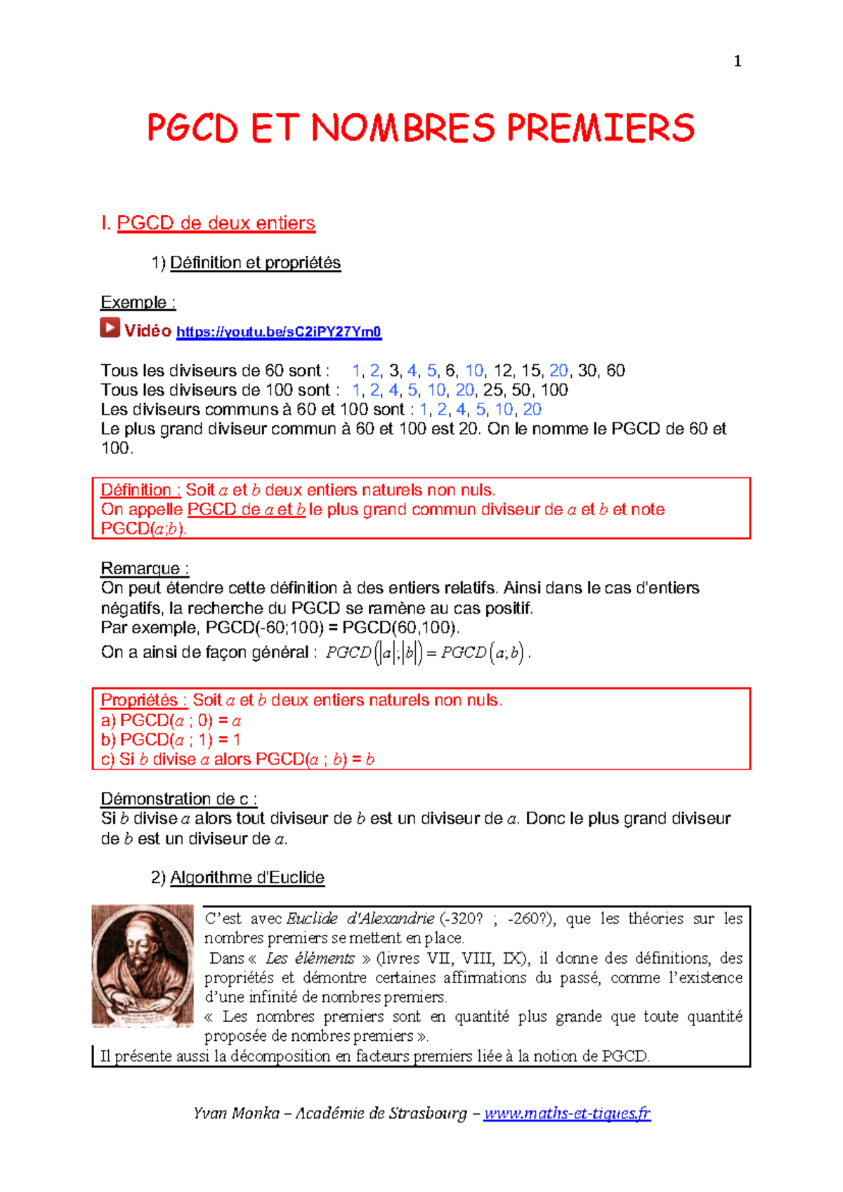 Pgcdts - Thfcvhjkbcdd - PGCD ET NOMBRES PREMIERS I. PGCD de deux ...