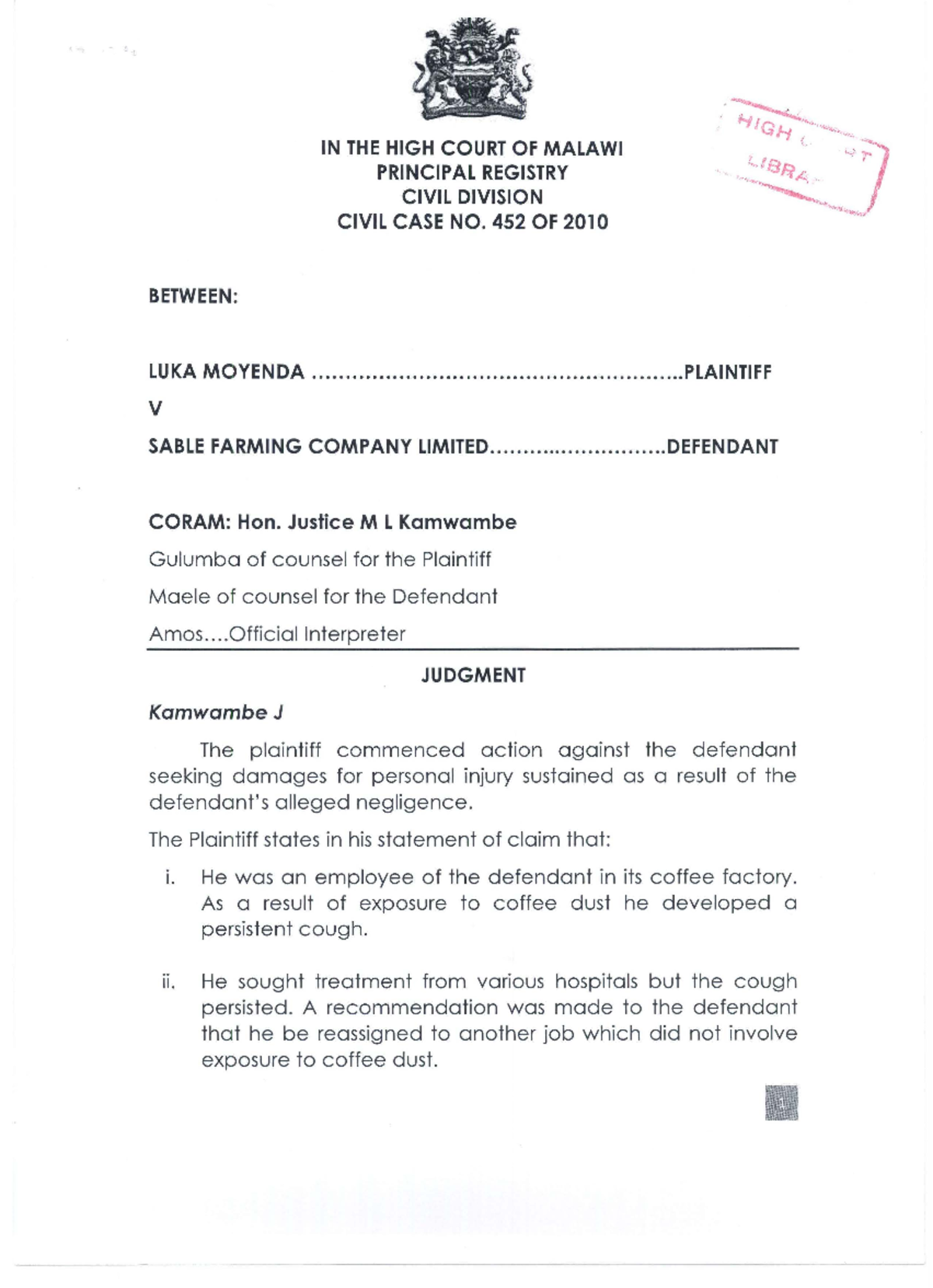 Moyenda vs Sable Farming - BETWEEN: IN THE HIGH COURT OF MALAWI ...