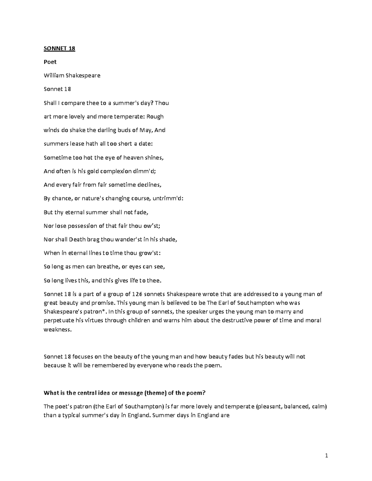 Sonnet 18- POEM Analysis - SONNET 18 Poet William Shakespeare Sonnet 18 ...