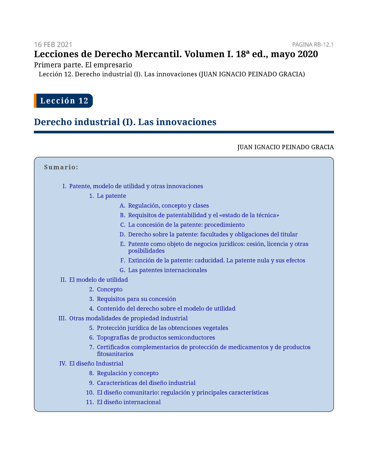 Lección 12 - Del Manual - 16 FEB 2021 PÁGINA RB-12. Lección 12 La patente  I. Patente, modelo de - Studocu